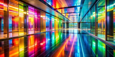 Poster - Vibrant Long Exposure of Colorful Glass Panels Reflecting Light in a Modern Hallway Creating an Enchanting Atmosphere with Brilliant Hues and Dynamic Light Patterns