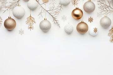 Poster - Christmas ornaments in gold, silver and white hanging with golden snowflakes on a white background