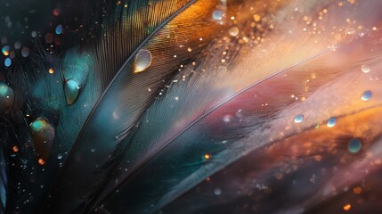 Poster - vibrant close-up of colorful feathers adorned with droplets against a dark backdrop capturing nature