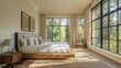© Krittin - A serene bedroom with large windows showcasing nature outside, featuring wooden furniture and soft, neutral tones.