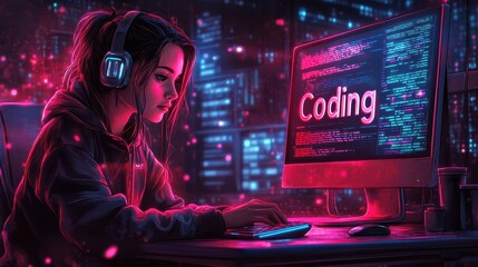 Poster - Illustration of an AI developer writing code on their computer, with the word 