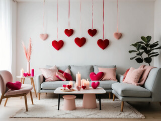 A modern living room with minimal Valentine's Day decor featuring heart shaped