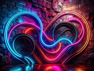 Poster - Vintage Style Dark Abstract Composition Featuring Vibrant Neon Curves Against a Richly Textured Background for Striking Visual Impact in Modern Art Displays