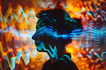 Poster - a woman gazes upward, her head tilted back, against a vibrant and colorful background. psychedelic v