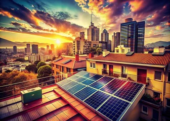 Poster - Vintage Style Photography of a Penthouse Roof Adorned with Solar Panels Surrounded by Urban Skyline, Showcasing Sustainable Living and Modern Architecture in a Retro Aesthetic