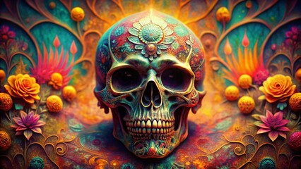 Poster - Vintage Style Photography of a Psychedelic Human Skull Surrounded by Colorful Patterns and Abstract Designs Evoking a Mystical and Surreal Atmosphere