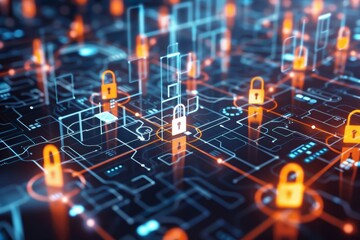 Poster - a futuristic digital landscape symbolizing advanced cybersecurity measures and technologies protecti