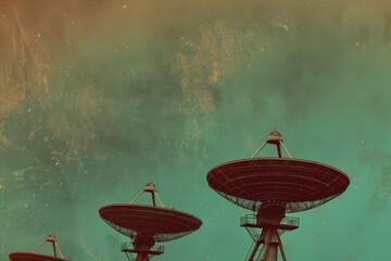 Poster - A collection of satellite dishes set against a clear sky, illustrating the convergence of technology and communication in modern society. Radio dish antennas pointing towards the sky .