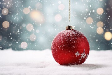 Poster - Christmas ball ornament hanging over snowy background with falling snowflakes and bokeh lights