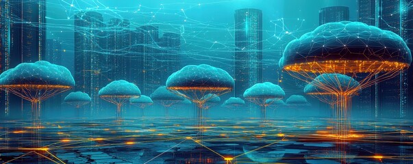 Poster - Futuristic Cityscape with Digital Trees and Enhanced Connectivity in Urban Landscape Showcasing Cyber Technology and Neon Elements