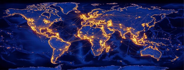 Poster - Global Network Map with Bright Connection Lines Highlighting Major Cities and Data Flow Across Continents Under Night Sky Background
