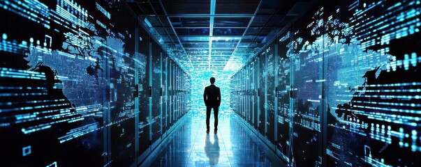 Poster - Silhouette of a Business Professional in a High-Tech Data Corridor Surrounded by Digital Graphics and Virtual Interfaces Representing Modern Technology