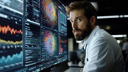 Poster - Focused Analyst Examining Data Visualization on Large Screen with Vivid Graphs in Modern Office Environment
