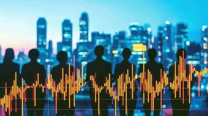 Poster - Silhouetted Professionals Overlooking Urban Skyline at Twilight with Business Graph Overlay in Vibrant Colors Representing Growth and Success
