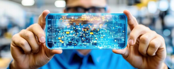 Poster - Person Holding Smartphone Displaying Futuristic Digital Circuit Board Illustration in Technology Laboratory Environment