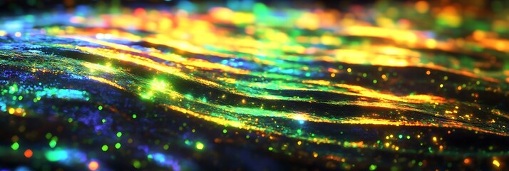 A radiant holographic surface with vivid neon green and yellow highlights over a glossy texture