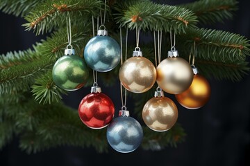 Poster - Glittering christmas balls in various colors decorating a christmas tree branch, creating a festive atmosphere