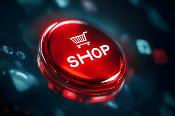 A glowing red shopping button with a cart symbol, representing online shopping and e-commerce activities.