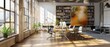 © COK House - A modern, roomy meeting space in a loft setting with natural light, plants, table, chairs, painting, books, and industrial vibe.