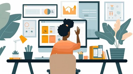 Poster - A home office setup with a person gesturing during a virtual meeting.