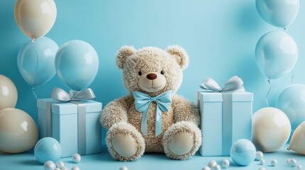 Wall Mural - Cute teddy bear surrounded by baby blue balloons and gift boxes on a pastel background.