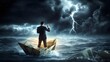 © Pandora arts - Businessman in financial crisis adrift on a paper boat during a storm AI generated