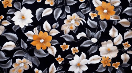 Poster - bright floral pattern featuring white and orange flowers on a dark background showcasing intricate d