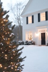 Wall Mural - Christmas tree lights illuminating snowy house at dusk