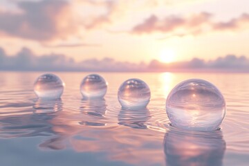 Wall Mural - Transparent spheres floating on water, each sphere reflecting the soft pastel hues of the sunrise over calm waters, creating an ethereal and dreamy atmosphere