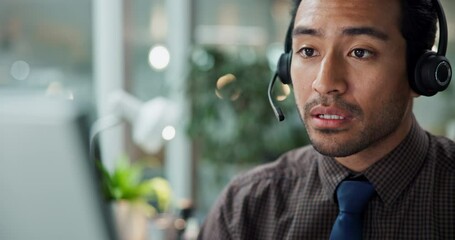 Poster - Call center, customer service and agent typing on computer for loan advice, payment processing or FAQ. Inbound assistance, man or talking on microphone for client information to determine eligibility