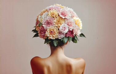 Wall Mural - A person is shown from the back, with a large, colorful flower arrangement covering their head and shoulders. The flowers include a mix of pink, white, and yellow hues.