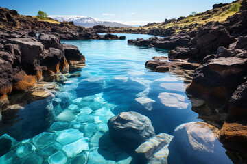 Wall Mural - Blue Lagoon in Iceland is known for its stunning beauty, featuring milky-blue geothermal waters, black volcanic rocks, and a feeling of being an oasis in a rugged landscape