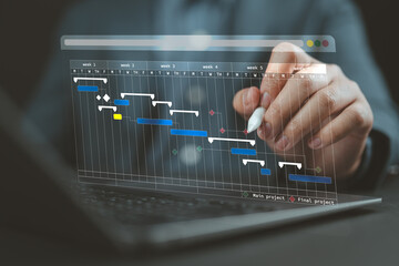Aufkleber - Project management or site engineer makes proceeding report concept. Plant manager use planning software to generate Gantt chart schedules for updating construction progress and operations plan tasks.