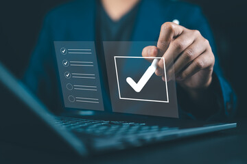Poster - Business performance checklist and tracking.Tick mark on checkbox. Evaluate online survey questionnaires, conducting audits evaluation and assessments. Standard certification and quality improvement