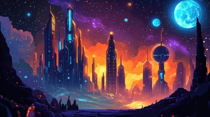 Poster - Futuristic Cityscape at Sunset Under a Vibrant Night Sky with Planets
