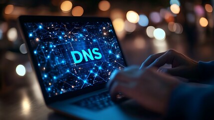Man using laptop and blue colored digital technology screen