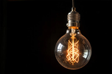 Poster - A round vintage-style light bulb is suspended against a completely black background. 