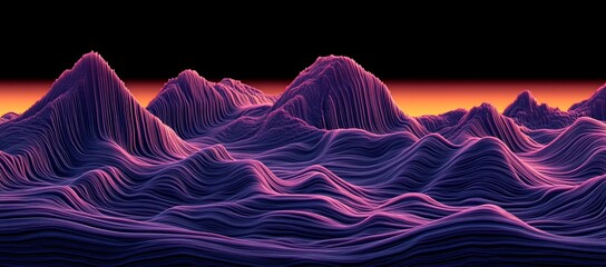 Wall Mural - Abstract purple and orange landscape with wavy lines and peaks, digital art.