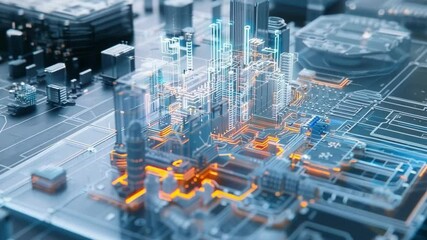 Poster - Futuristic city with skyscrapers and intricate transportation systems is progressively developing on a complex circuit board