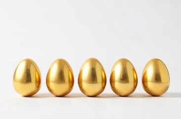 Easter golden decorated eggs stand in a row on white background. Minimal easter concept. Happy Easter card with copy space for text .