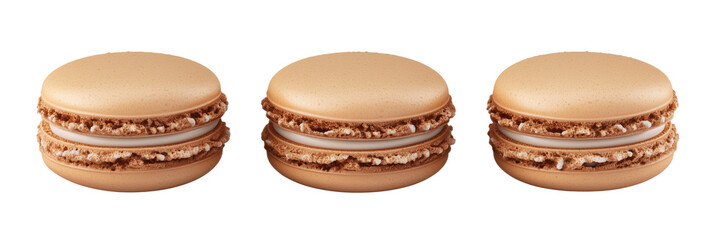 Poster - Macarons trio, delicate dessert, smooth surface, creamy filling, light brown color, elegant presentation, gourmet treat, perfect for celebrations, isolated on transparent background, png