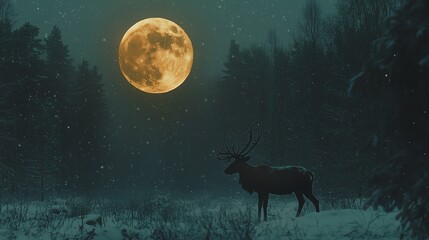  A serene winter scene features a deer standing in a snowy forest under a bright, full moon.