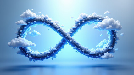 Futuristic digital abstract with infinity symbol and cloud-like shapes representing continuous integration/continuous deployment pipeline concept in technology.