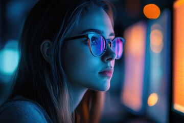 A young woman with glasses is working on her computer in the office, illuminated by neon lights.