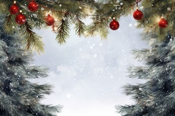 Poster - Christmas background with snowy fir branches and red ornaments hanging, perfect for greeting cards and winter holidays projects