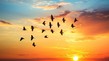 Sticker - Silhouette of a bird flock flying against a vibrant sunset sky