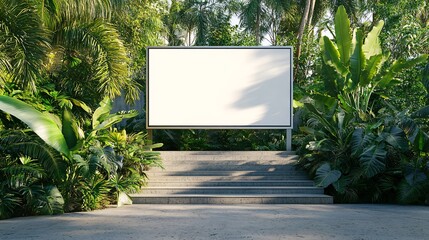 Aufkleber - An empty billboard surrounded by lush green foliage in a tropical setting.
