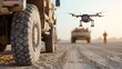© W.O.W - Drone and military equipment against the background of the road. ground and air combat equipment. Military technologies. Arming the army with UAVs