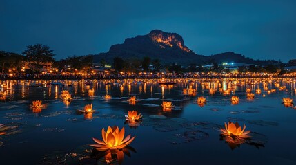 Beautiful view of the Kathu Loy Krathong festival in front of the mountain with floating lanterns and lotus flowers on the river.