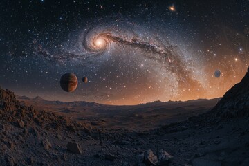 Wall Mural - a galaxy with a few planets, a dark desert landscape in the foreground, a spiral nebula behind them,